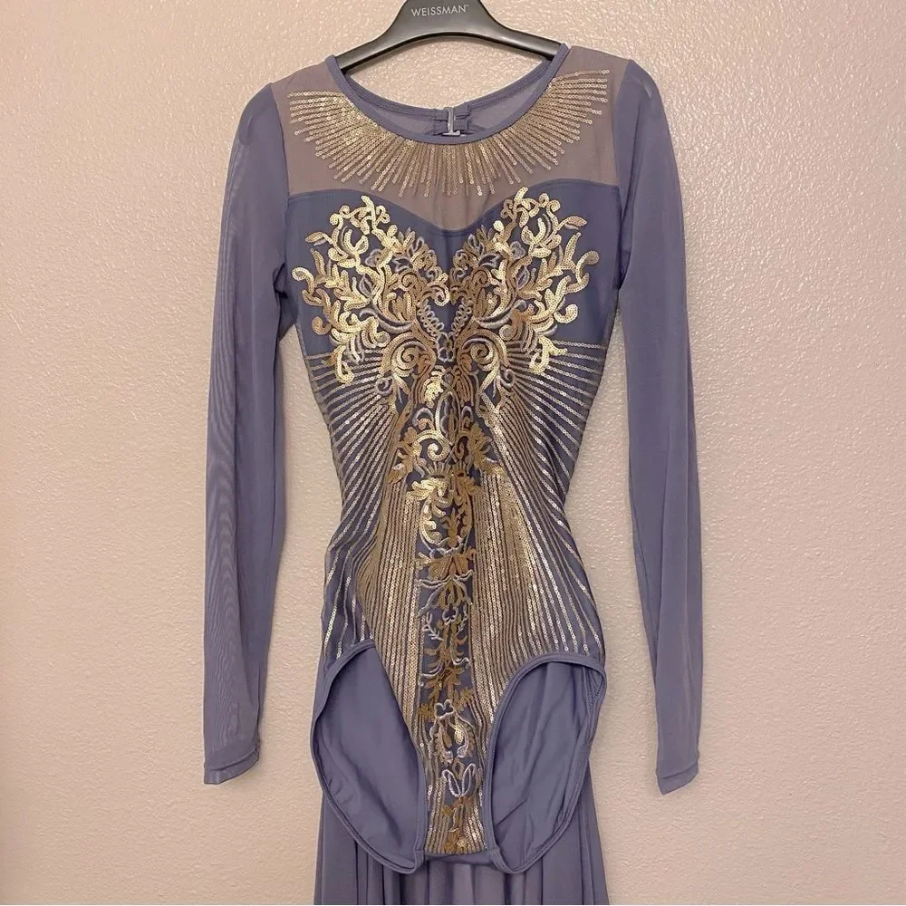 WEISSMAN Elite solo Dance costume slate blue Radiant Sequin Mesh Dress D11490 SA